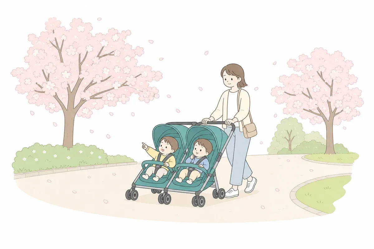 桜の咲く平坦な公園で双子用ベビーカーを押してお花見する親子のイラスト
