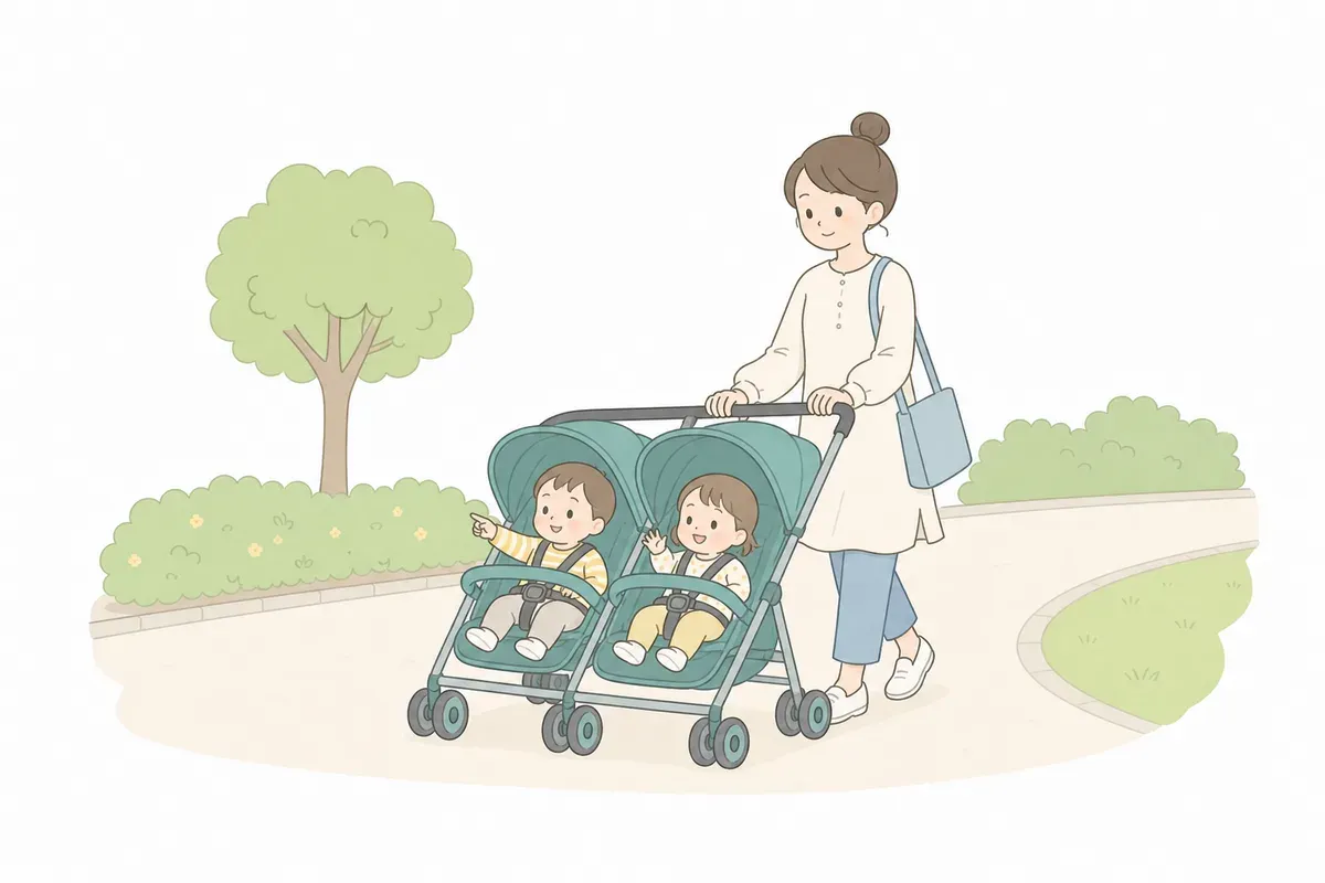 親ひとりで双子をベビーカーで連れて出かけるイラスト