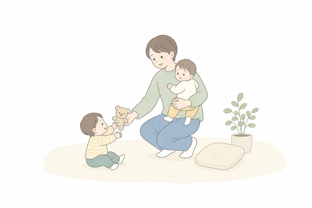 親ひとりで双子の世話をするイラスト