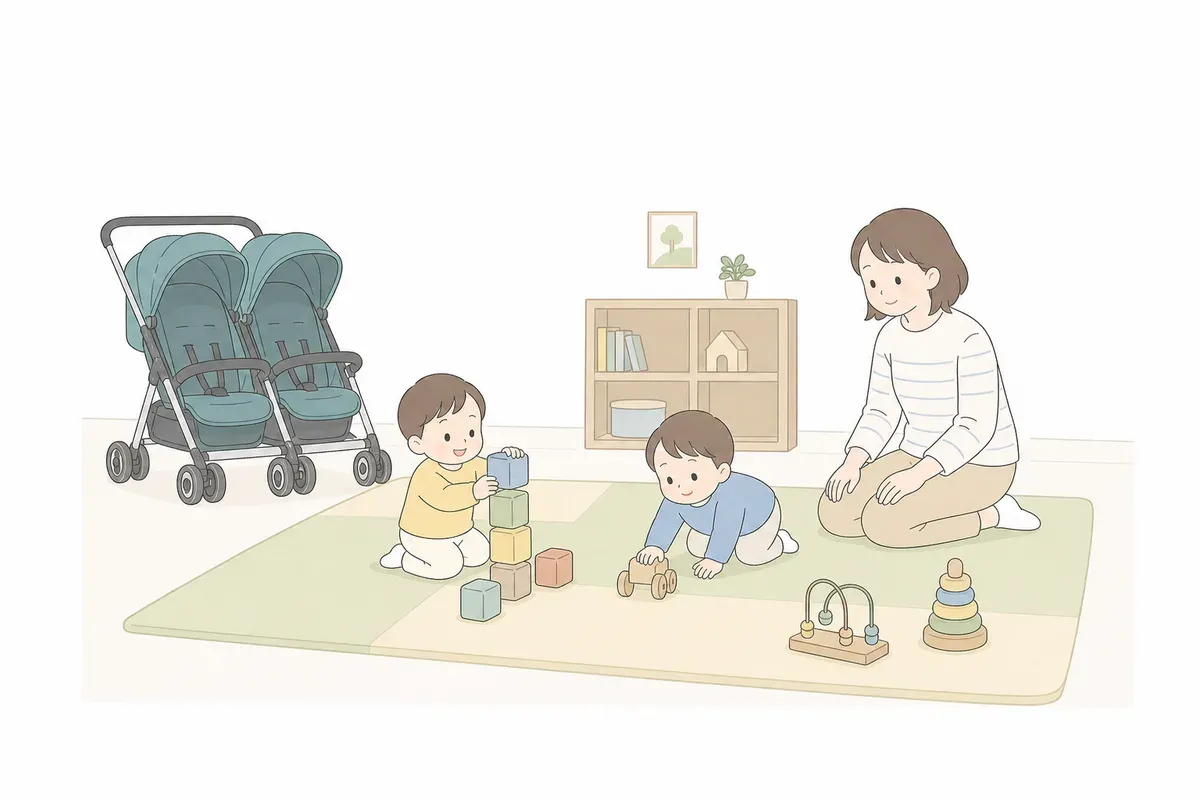 室内の遊び場で双子が遊び親が見守るイラスト