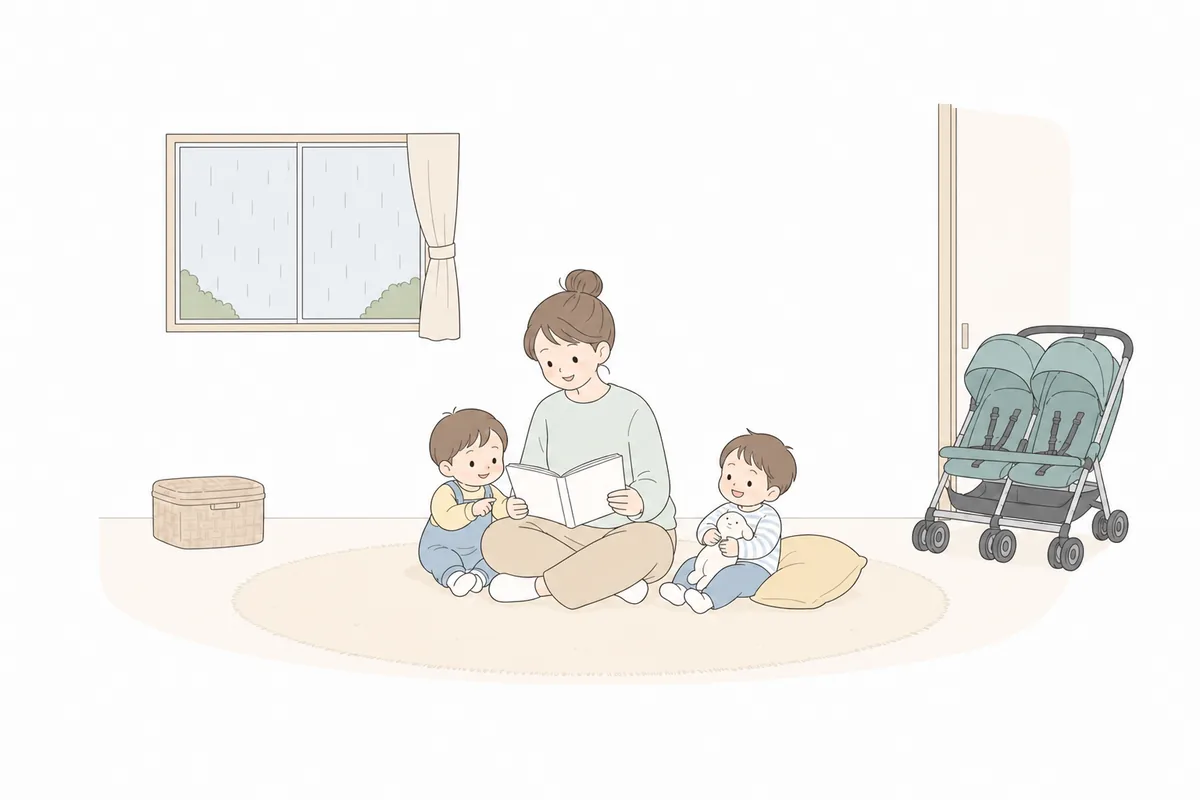 雨の日に室内で双子とのんびり過ごす親子のイラスト
