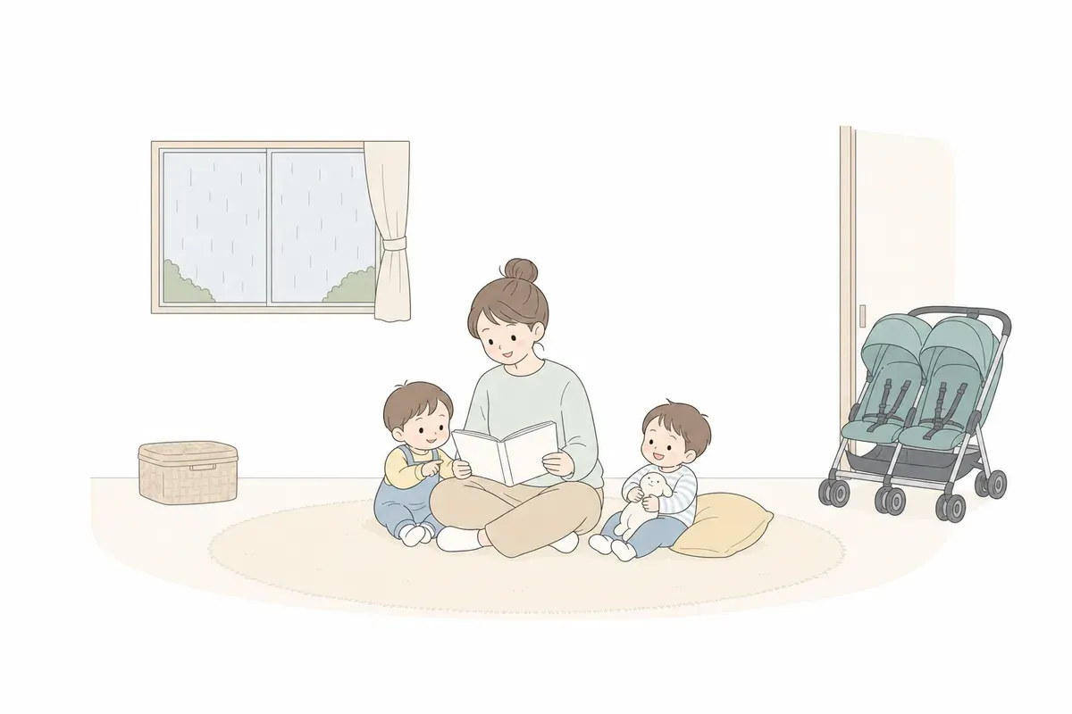 雨の日に室内で双子とのんびり過ごす親子のイラスト