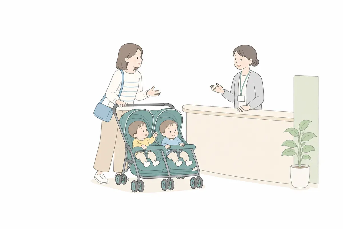窓口で双子連れの親が相談するイラスト