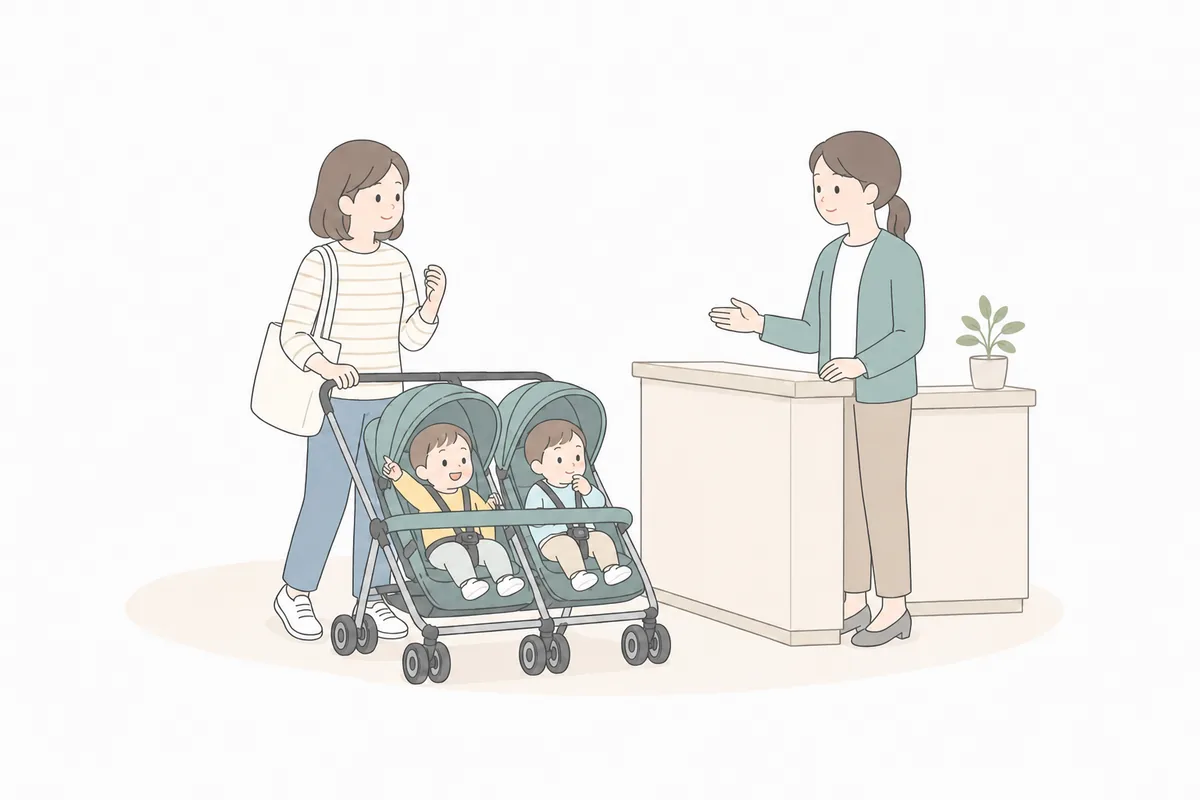 家で支援制度を調べる親と双子のイラスト