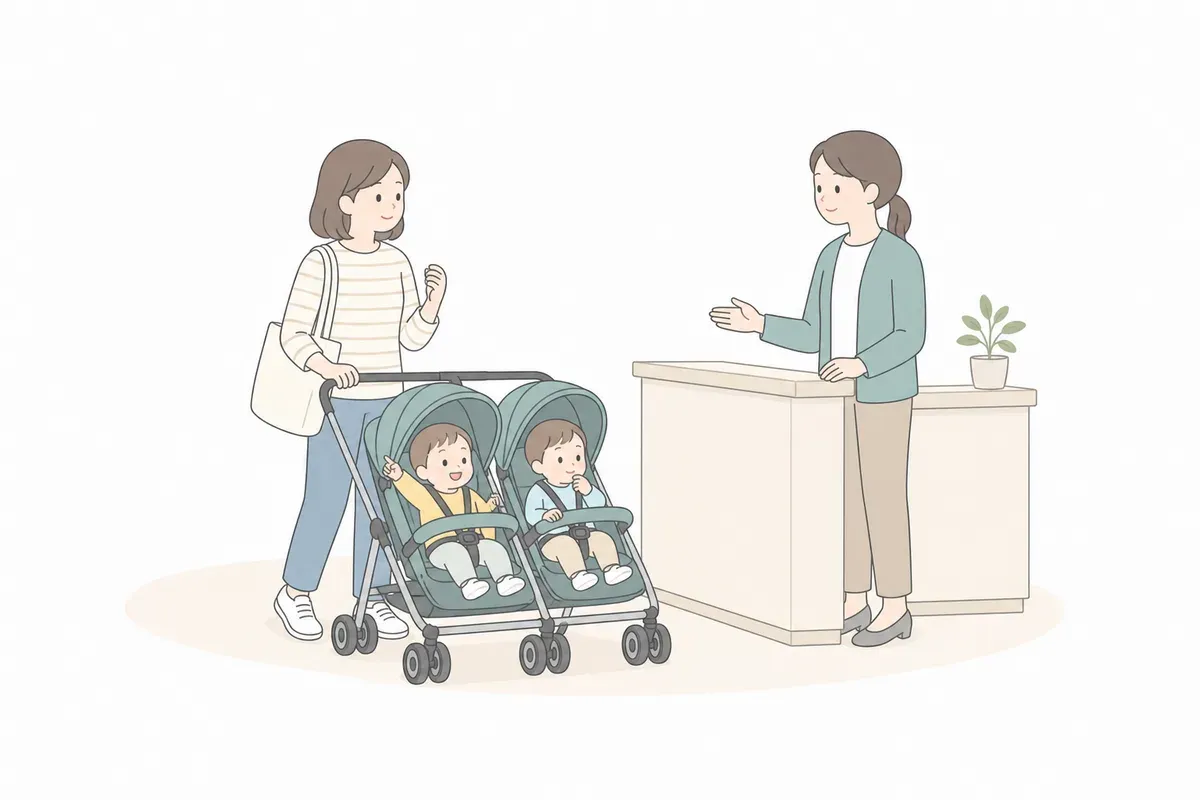 家で支援制度を調べる親と双子のイラスト