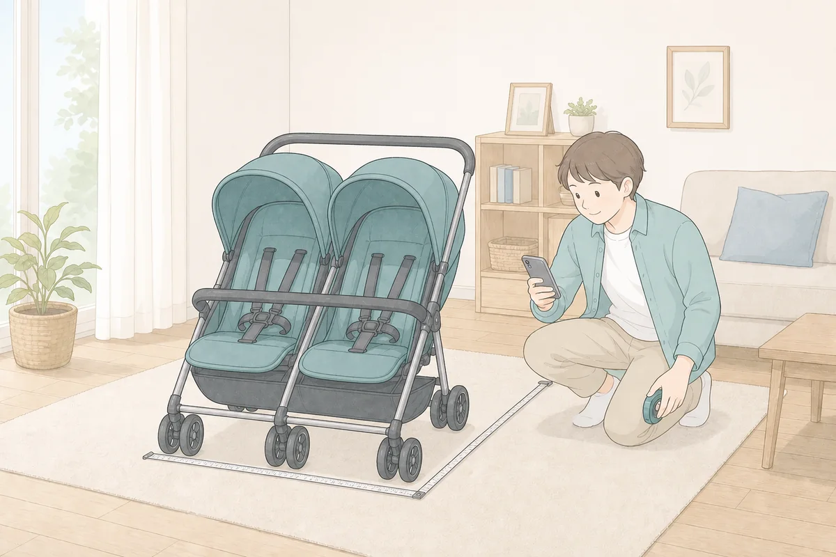 自宅で横型双子ベビーカーの幅と奥行きを測るイラスト