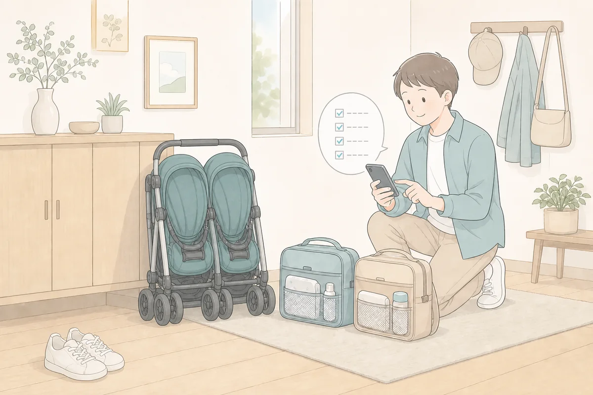 出発前に折りたたんだ双子ベビーカーと荷物を準備するイラスト