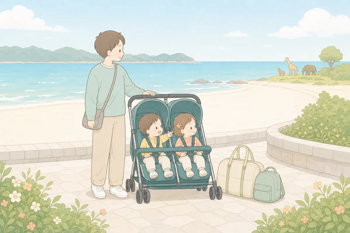 南紀白浜の海辺で、旅行バッグと一体型共通バーの双子ベビーカーを囲む家族のイラスト