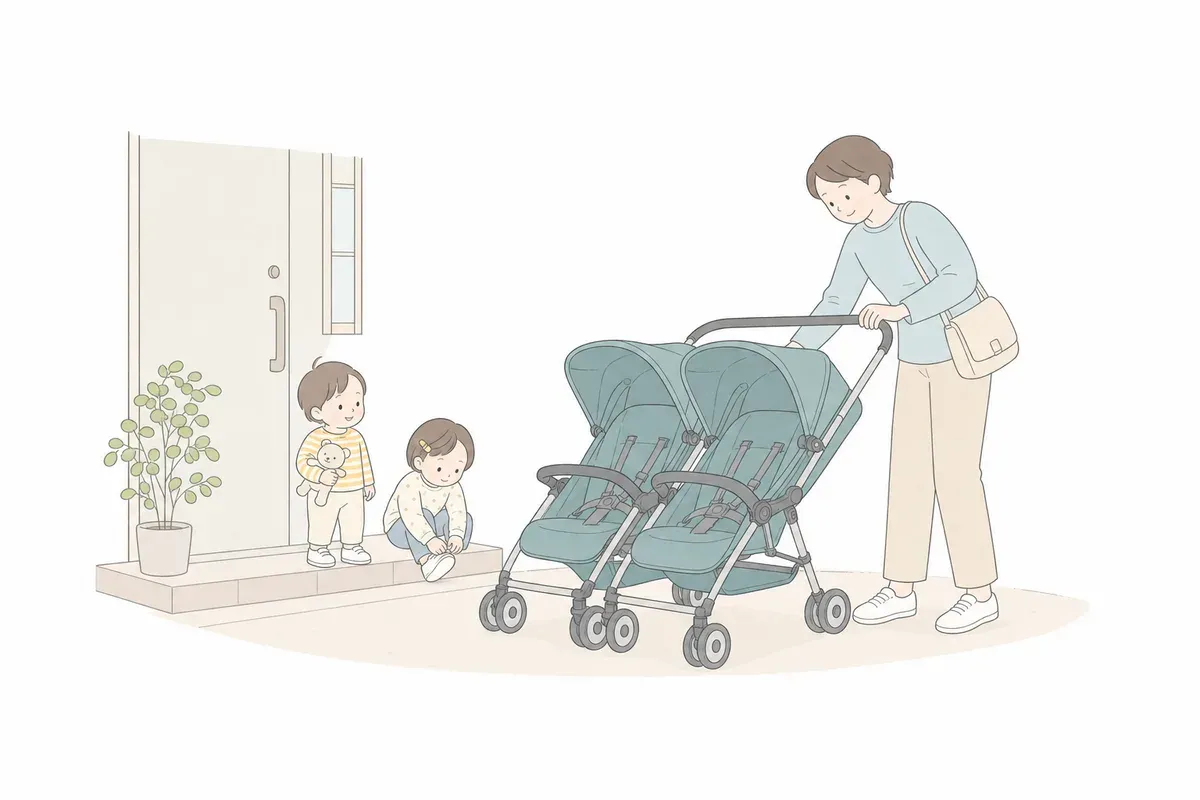 出発前に双子用ベビーカーを広げて確認する親のイラスト