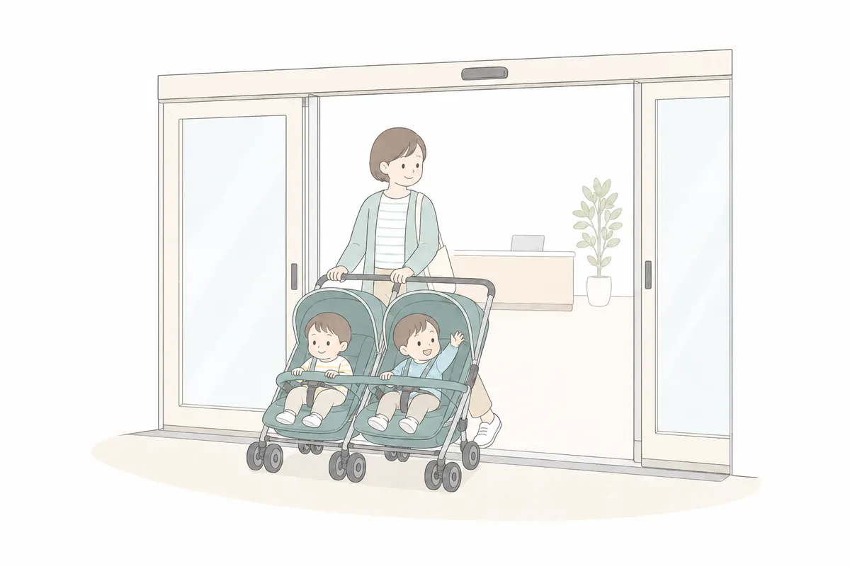 双子用ベビーカーで施設の入口を通る親子のイラスト