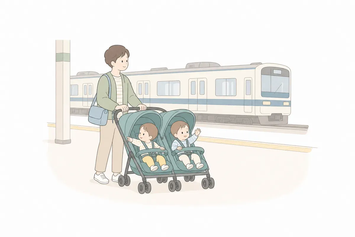 駅のホームで双子用ベビーカーと待つ親子のイラスト