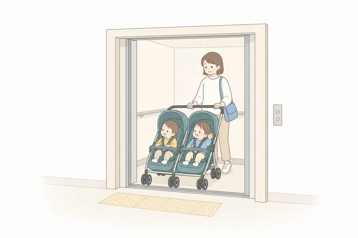 駅のエレベーターを双子用ベビーカーで使う親子のイラスト