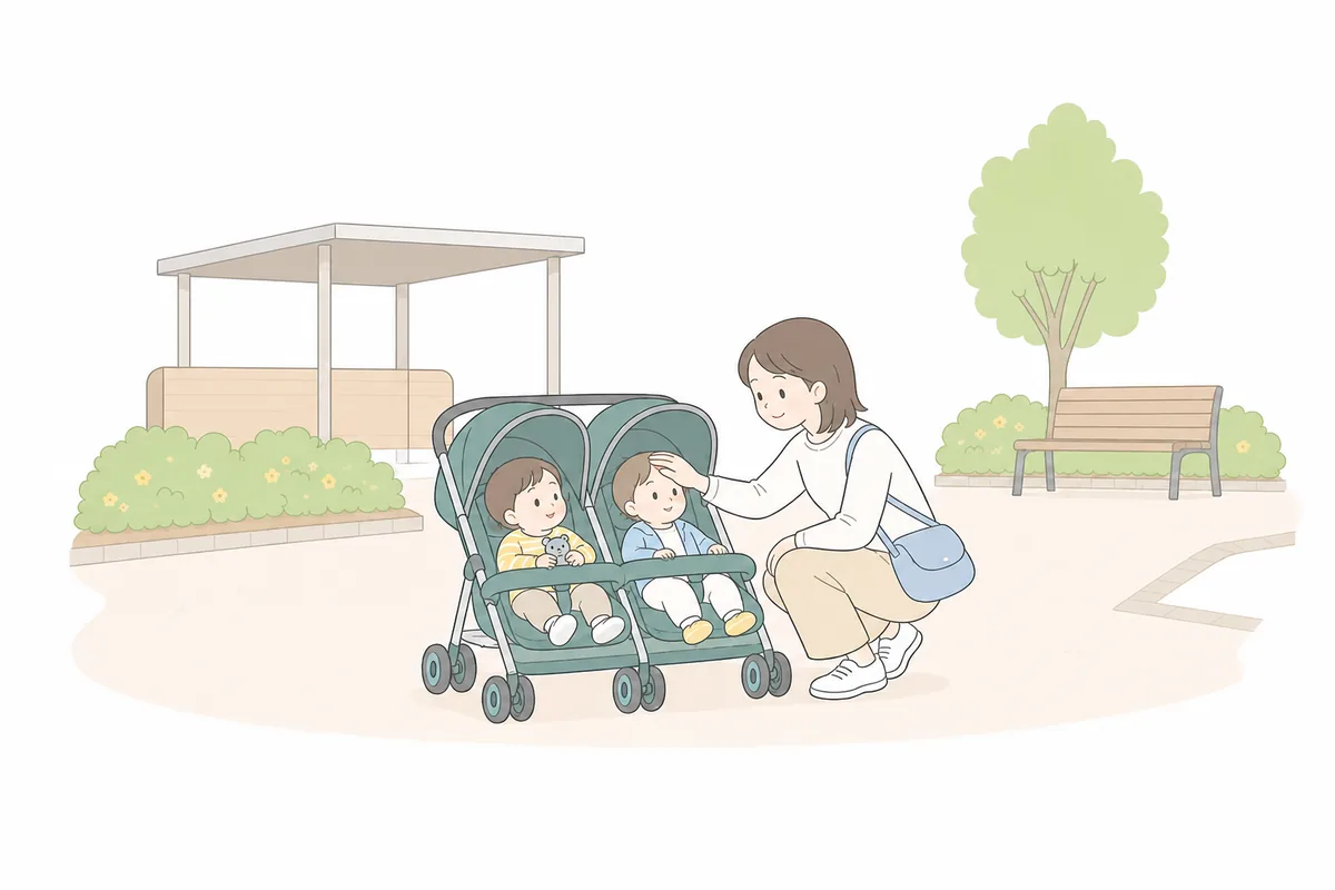 おでかけ先で双子の様子をそっと見る親のイラスト
