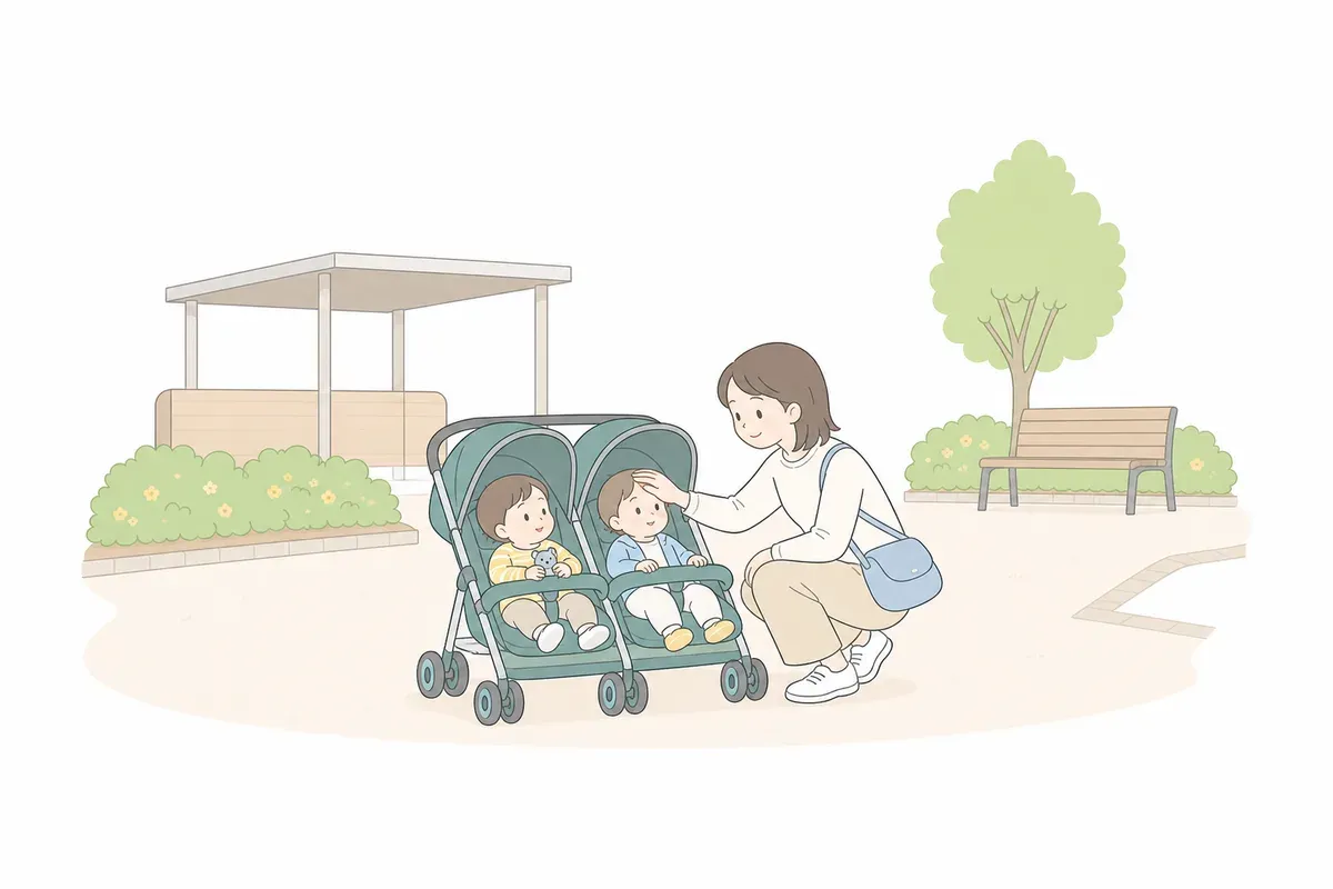 おでかけ先で双子の様子をそっと見る親のイラスト