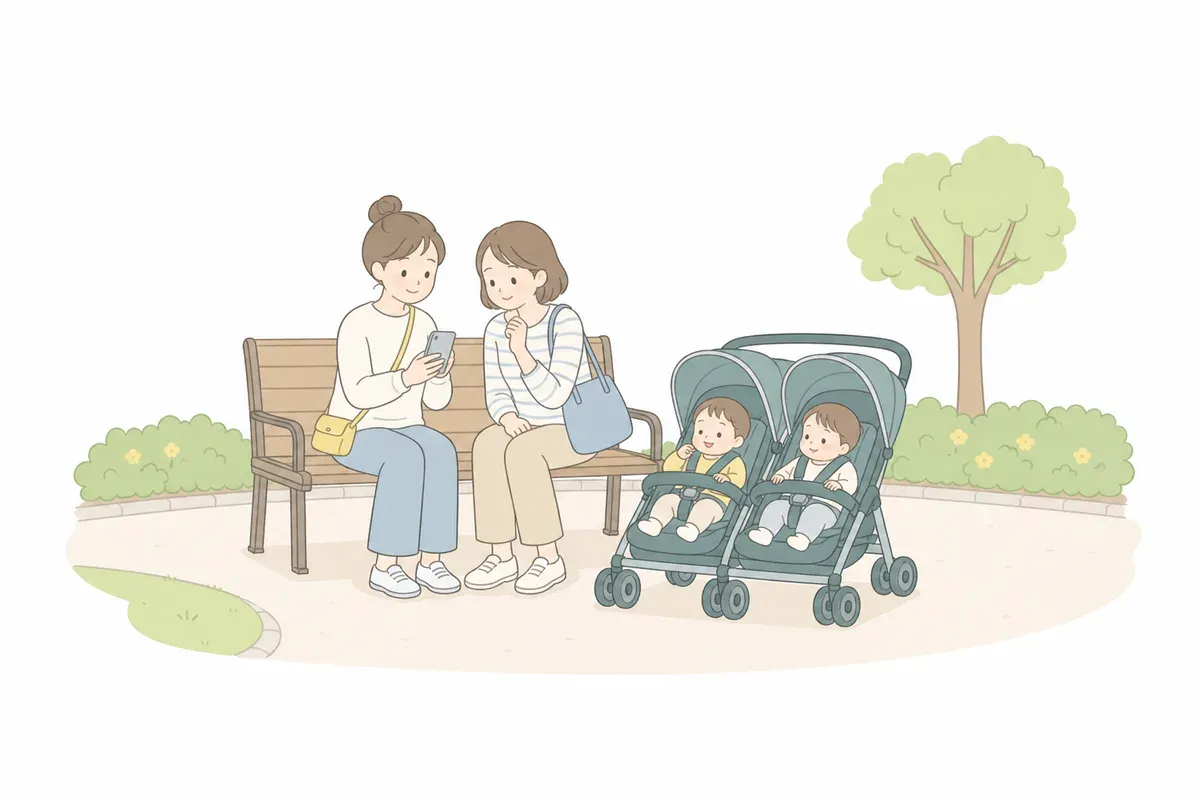 ベンチでスマホ相談しながら双子を見守る親のイラスト