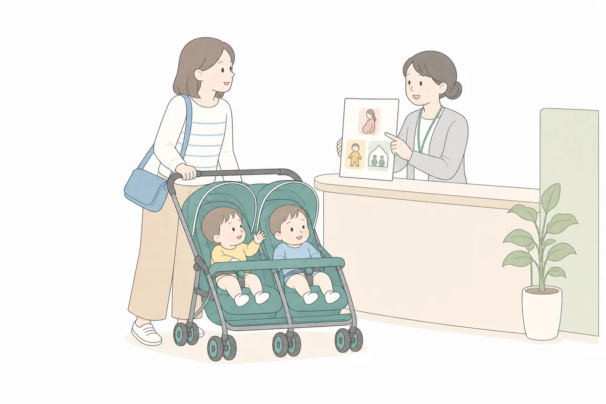全国共通制度を自治体窓口で確認する双子家庭のイラスト