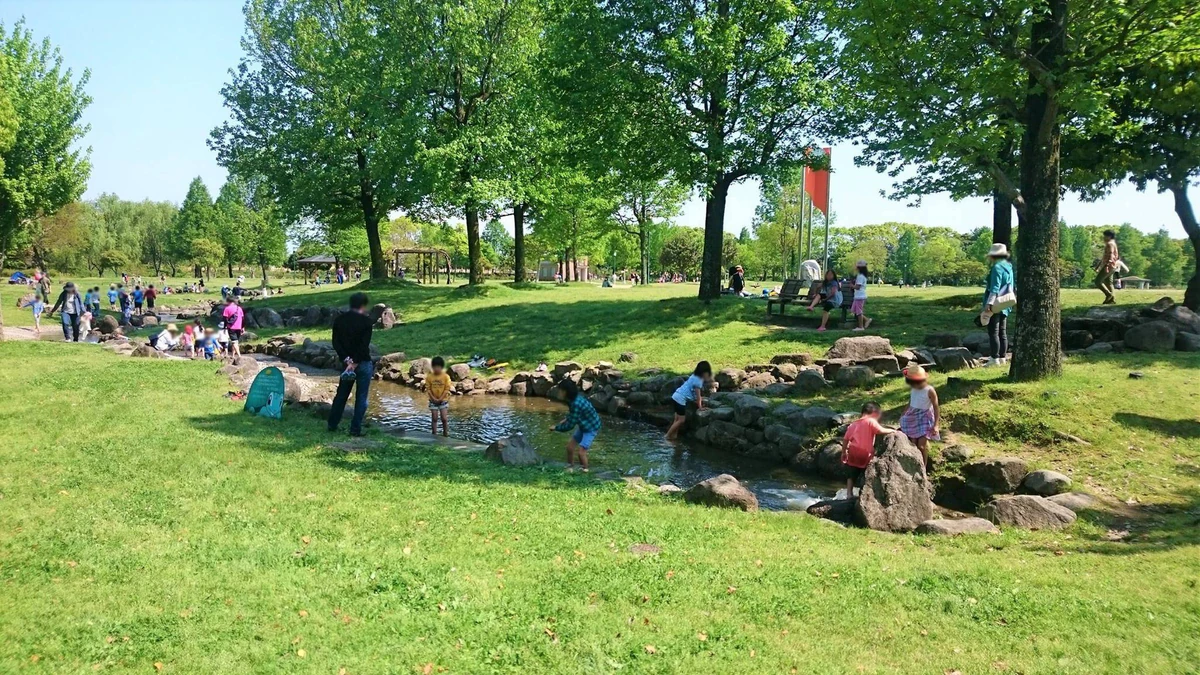 佐賀県立森林公園のせせらぎ広場にあるじゃぶじゃぶ池で過ごす来園者。人物の顔はプライバシー保護のためぼかしています